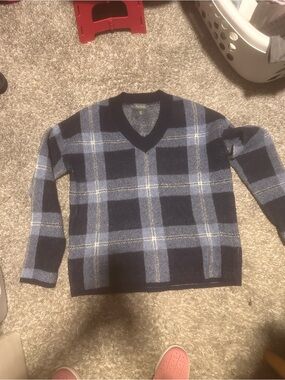 AnyBody Men's Navy and Light Blue Plaid V-Neck Sweater